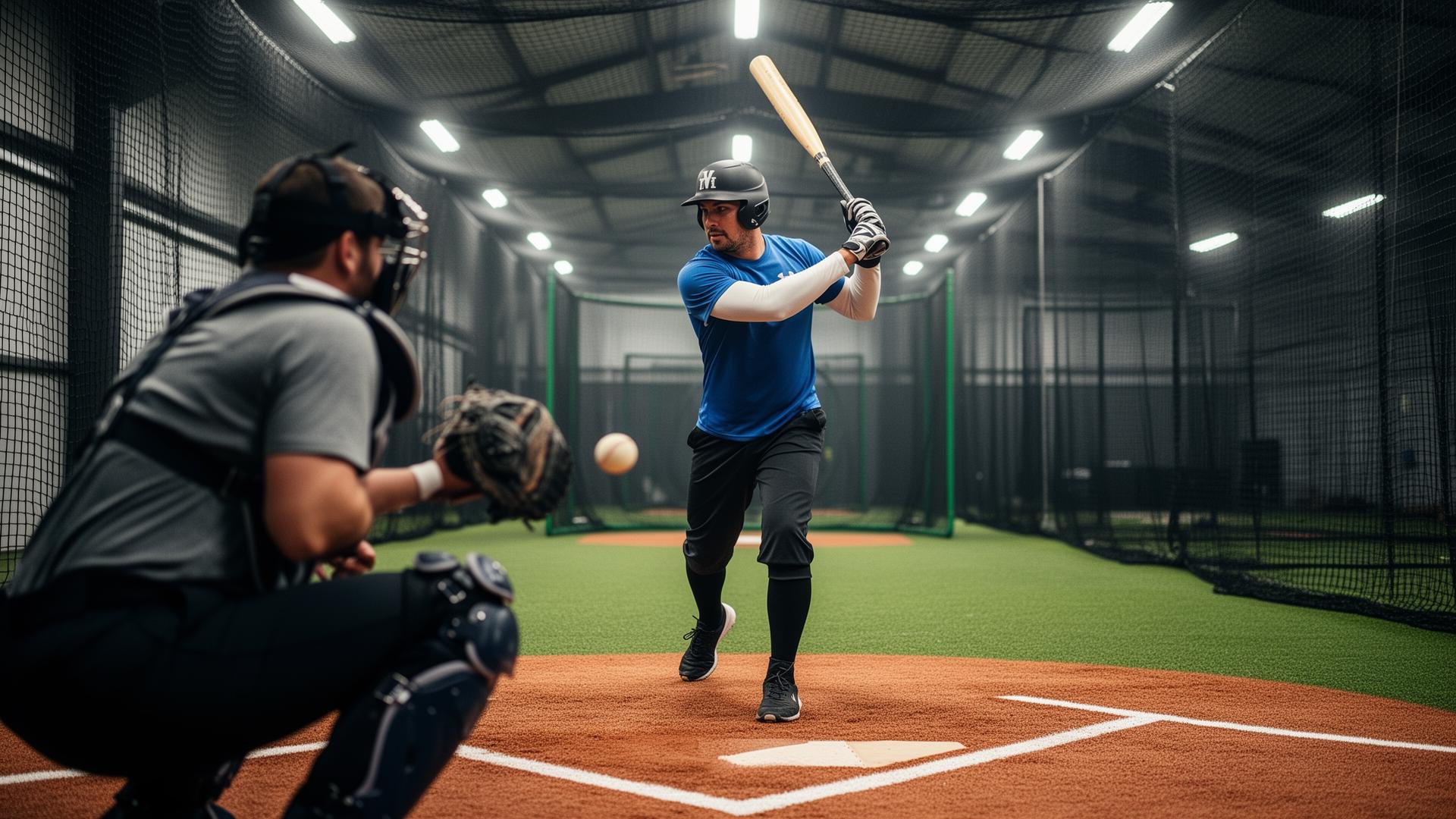 Youth baseball player preparing for supervised live at-bat training inside an indoor facility
